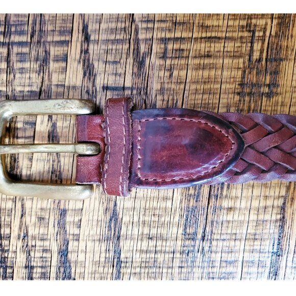 90's Chocolate Brown Preppy Braided Leather Belt with Solid Brass Buckle 30 - Picture 2 of 4